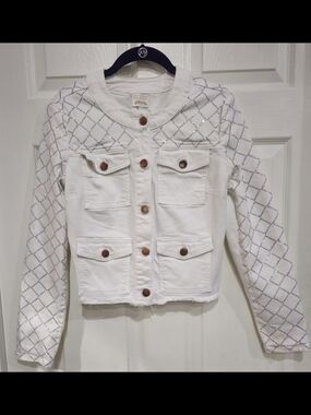 Guess White Metallic Rhinestone Sleeve Denim Cropped Jacket
